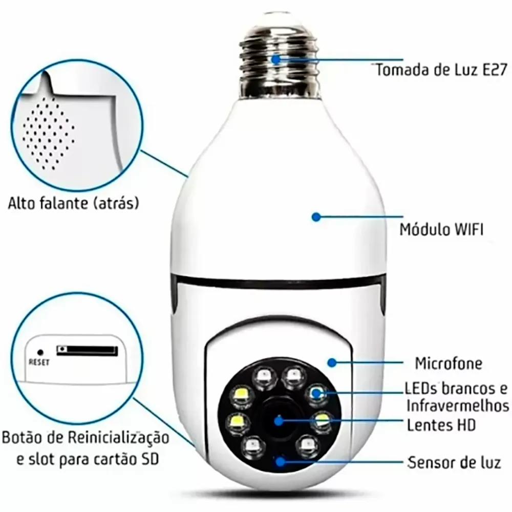 Câmera Segurança IP 360° Lâmpada Wi-Fi Visão Noturna Áudio HD Kapbom G4-5