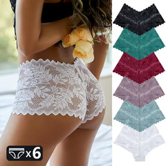 6 Peças / Conjunto de Calcinhas Boxer de Renda Floral Transparentes