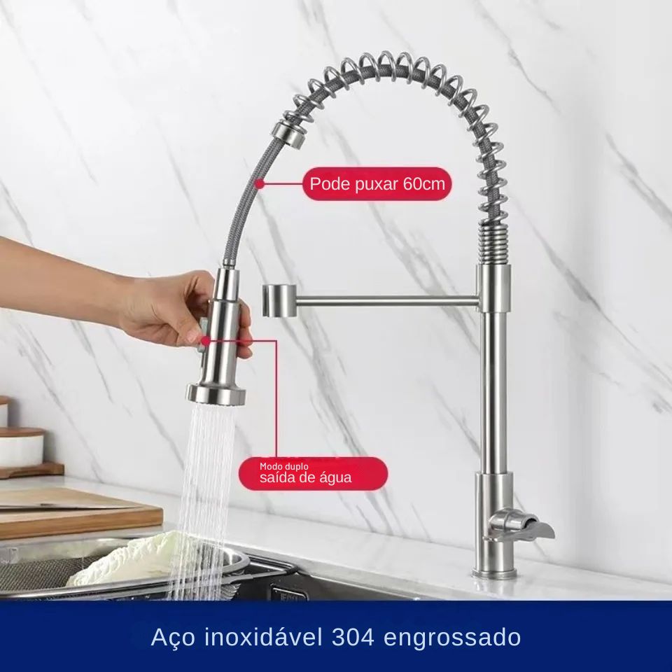 Torneira de Parede ou Bancada em Aço Inox - Bica Flexível - Cozinha