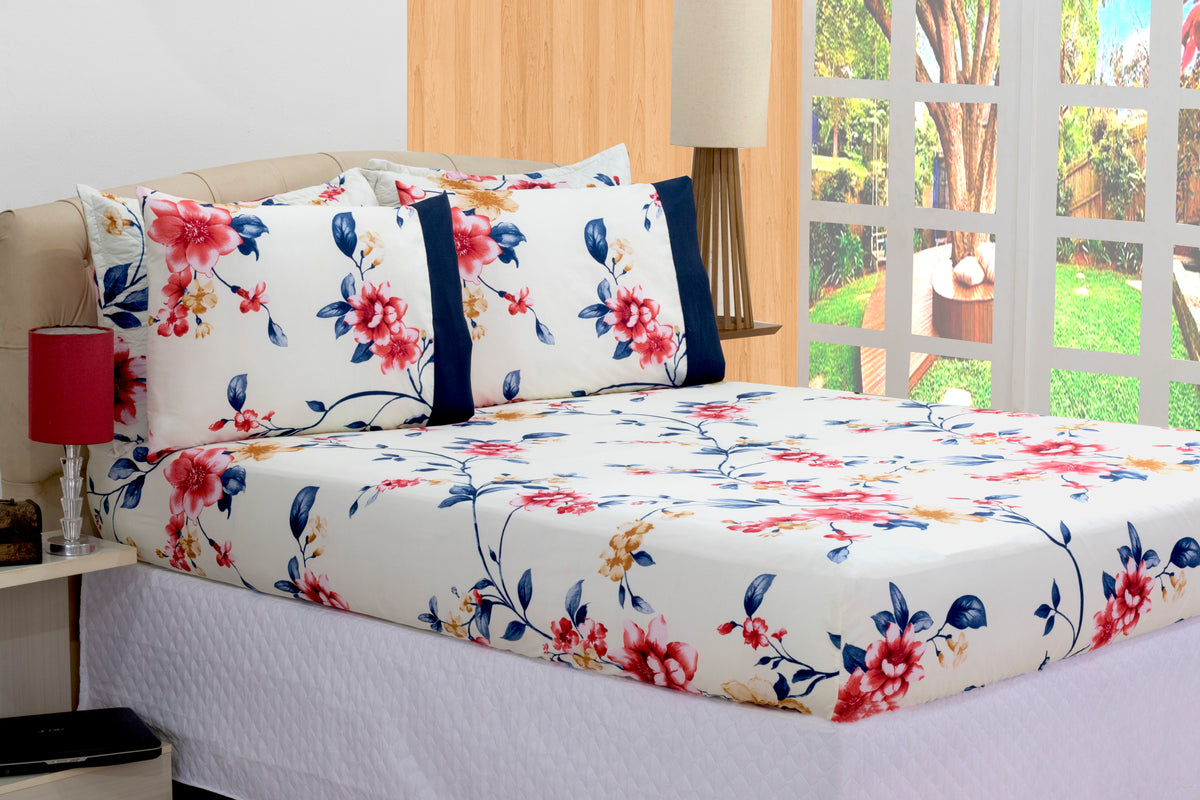 Jogo De Cama Lençol Micropercal Com Elástico Floral Azul Casal 03 Pçs