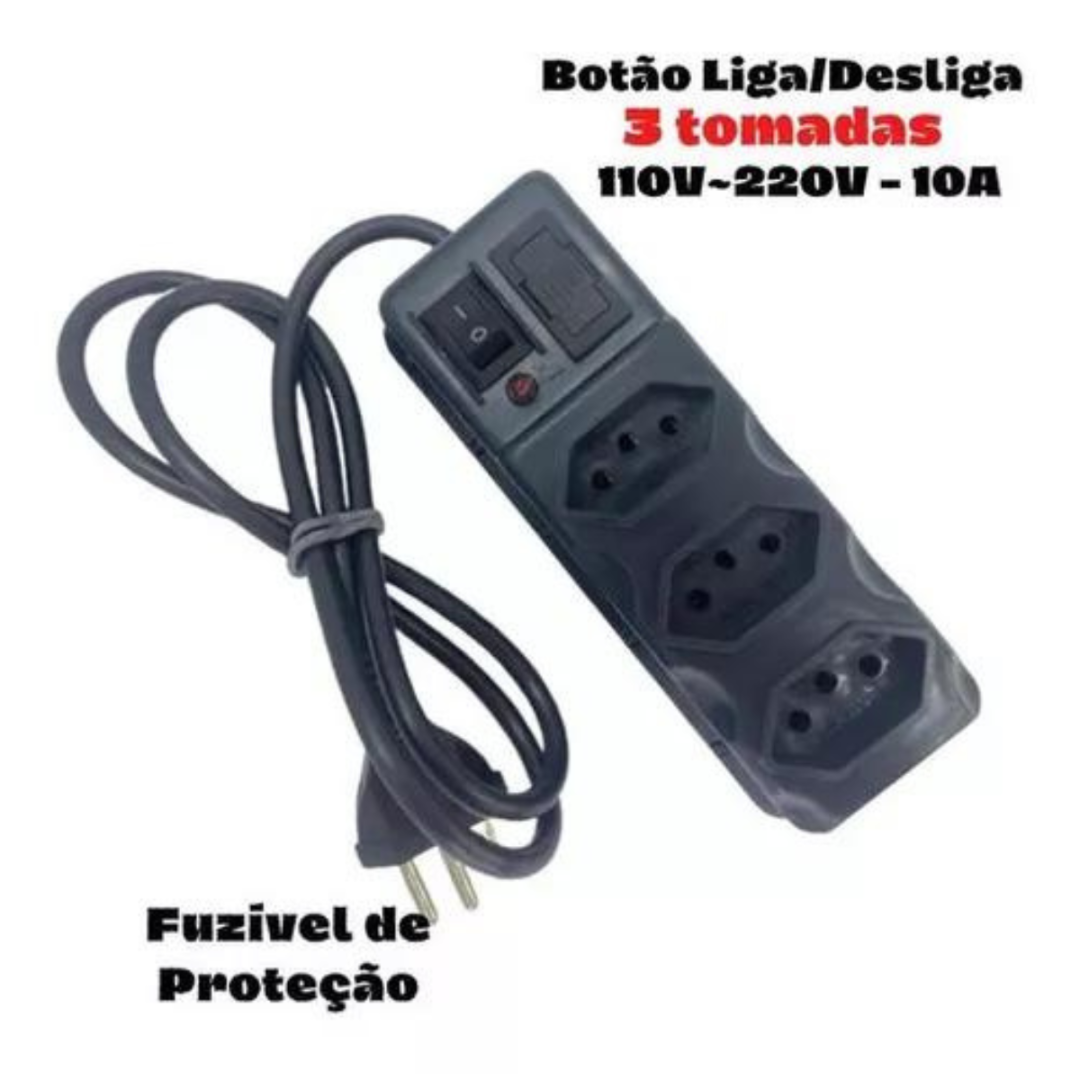 Régua 3 Tomadas - Proteção - Fusível - Chave Liga - LED - Preto.