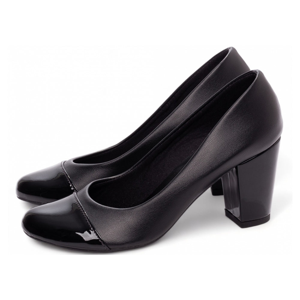 Scarpin Boneca Bico Redondo Napa Preto e Verniz Preto | Elegância e Sofisticação para Seus Pés