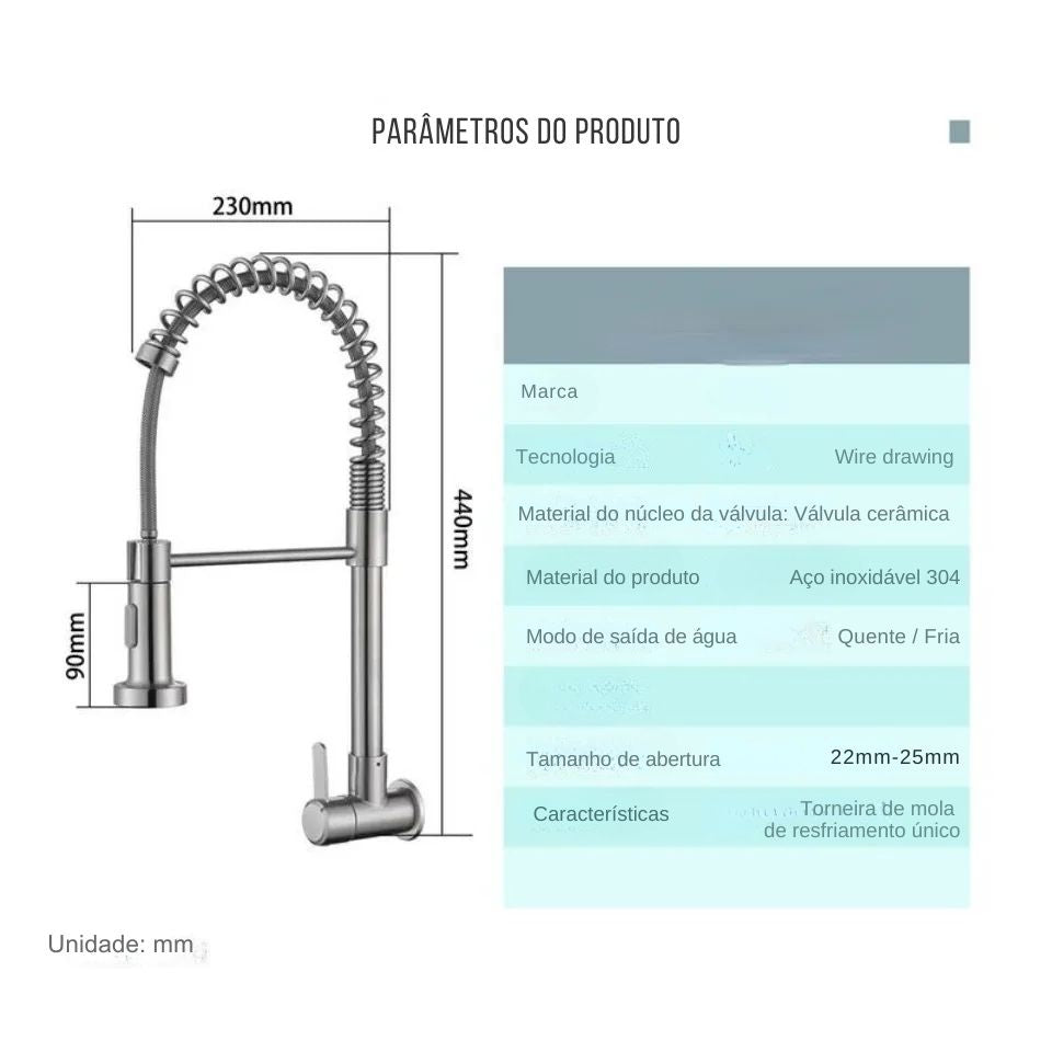 Torneira de Parede ou Bancada em Aço Inox - Bica Flexível - Cozinha