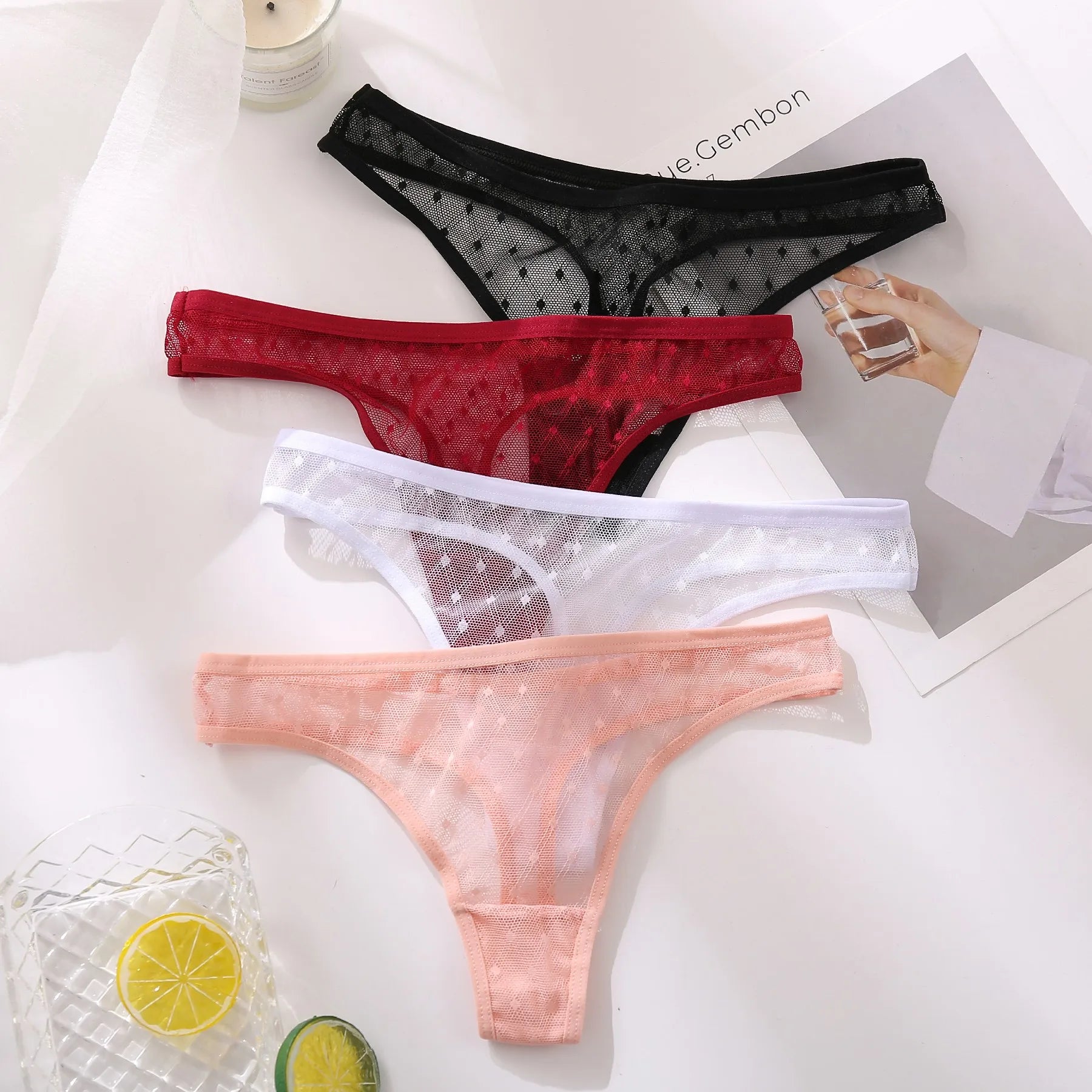 3 Peças / Conjunto de Tangas Sexy de Renda - Costas em T, Transparente