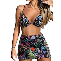 Biquíni 3 Peças com Top, Calcinha e Saia Floral - Ideal para Praia e Piscina!