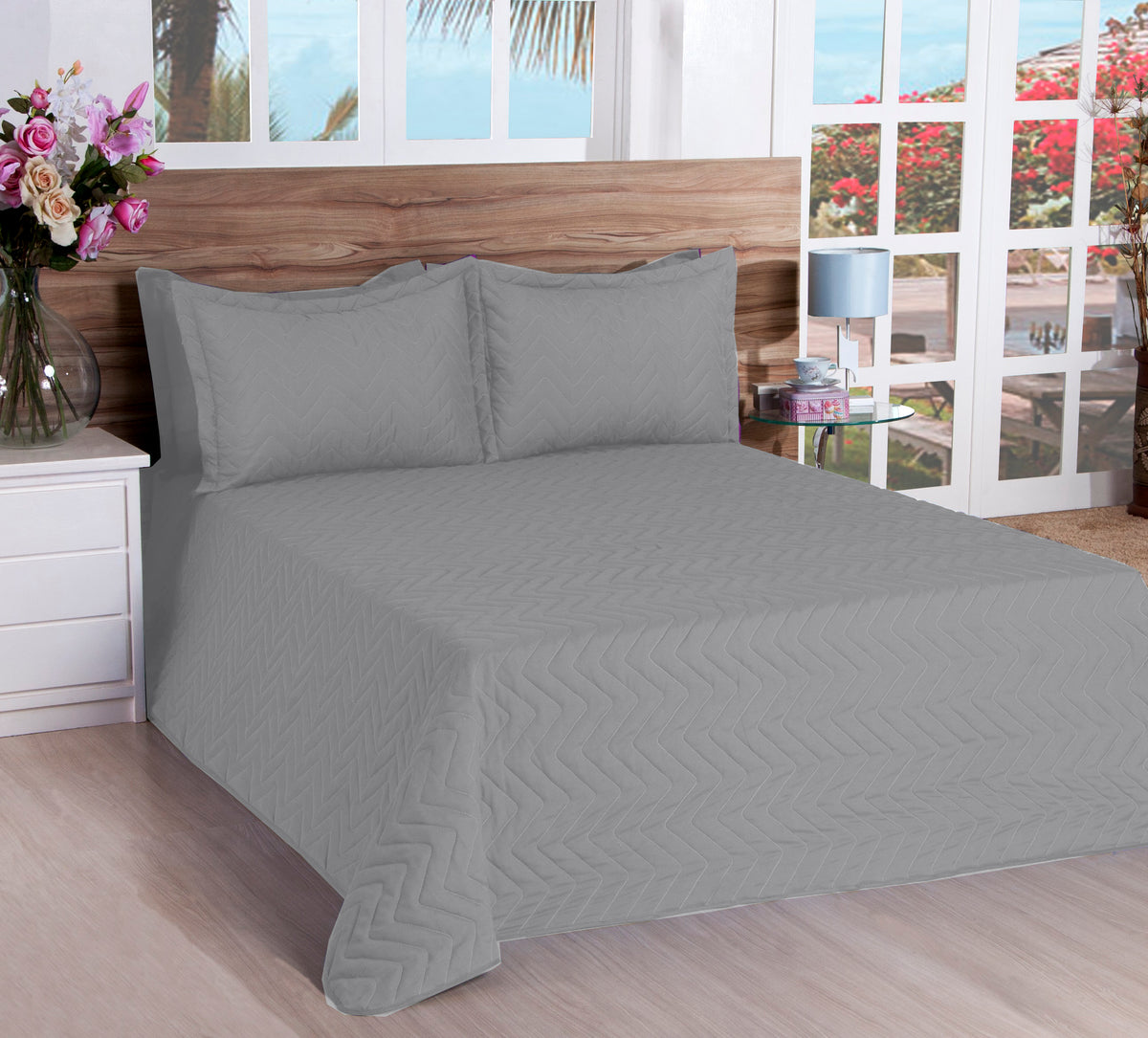 Cobre Leito Matelassado Classic Queen 03 Pçs Cinza