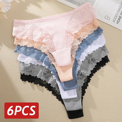 6 Peças / Conjunto de Calcinhas Femininas Sexy Renda Algodão