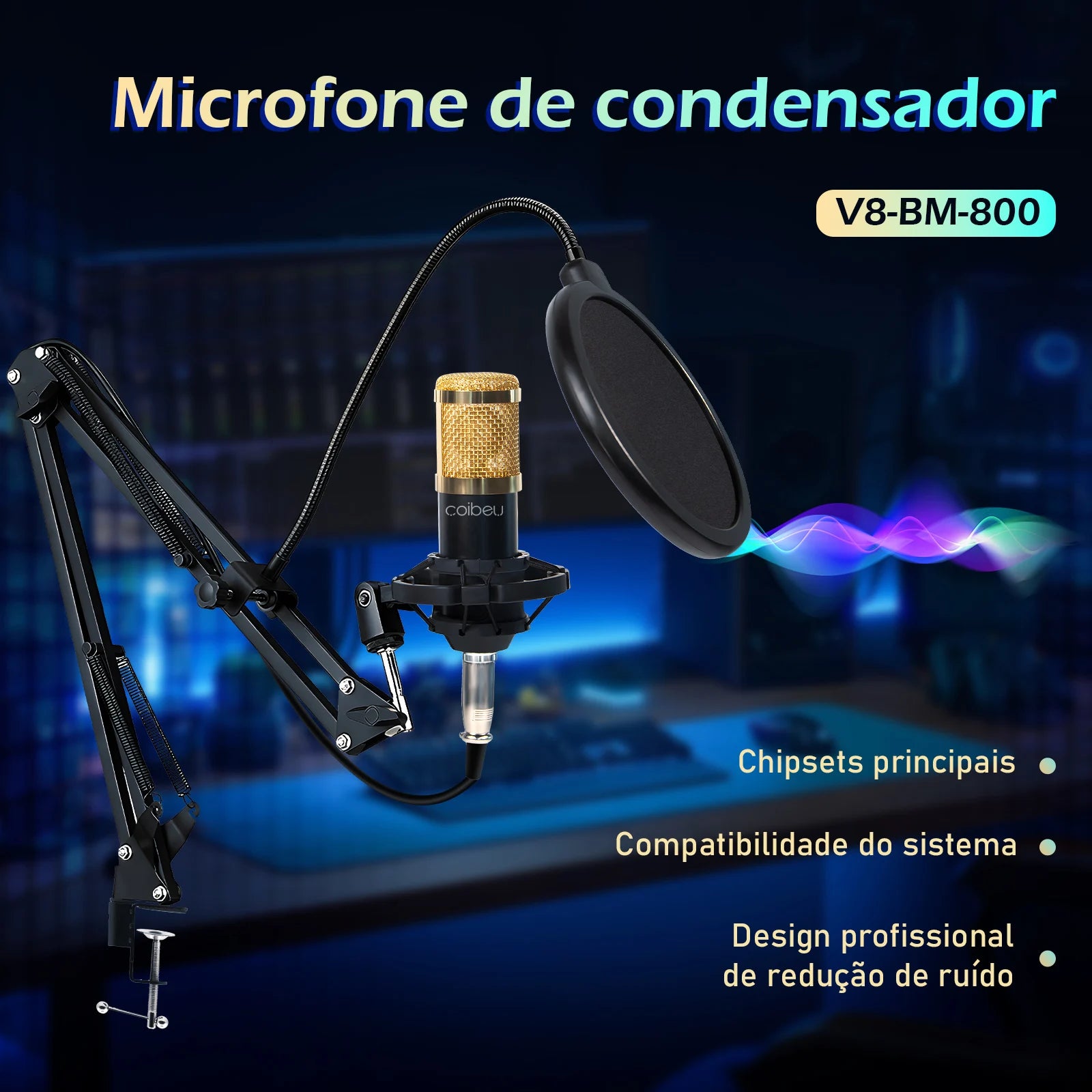 Microfone Condensador Profissional - Kit Completo para Transmissão ao Vivo!