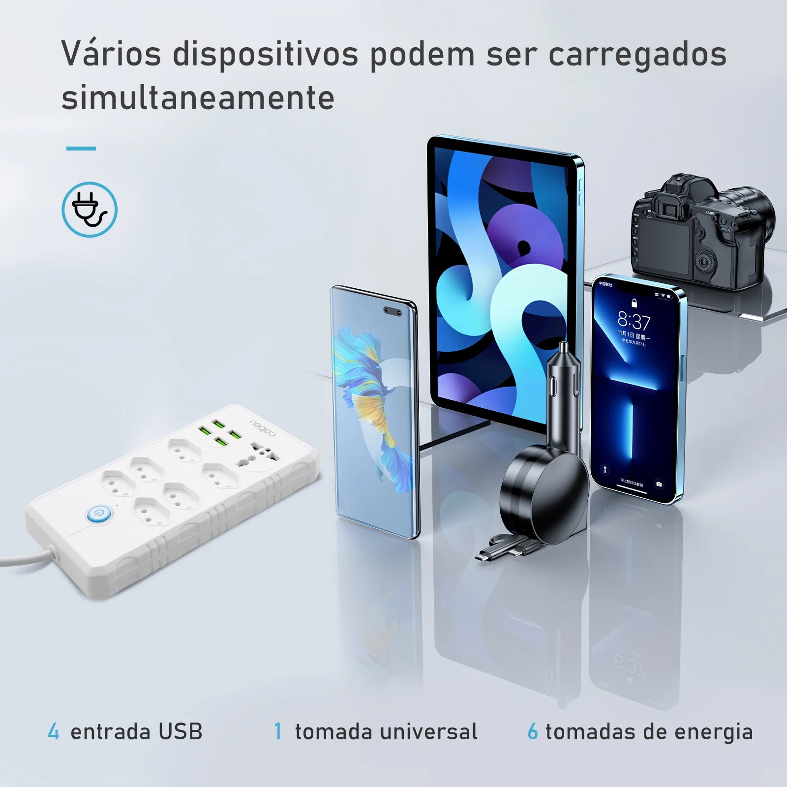 Extensão Tomada 6 Tomadas 4 USB Bivolt 195cm 2500W