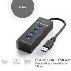 Hub USB 4 Portas 3.0 Velocidade Segurança Plug and Play