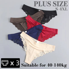 3PCS Women's Sexy Lingerie Panties Lace Plus Size Briefs Low Waist Underpants Intimates Seamless Briefs Silk Panty Women Tangas