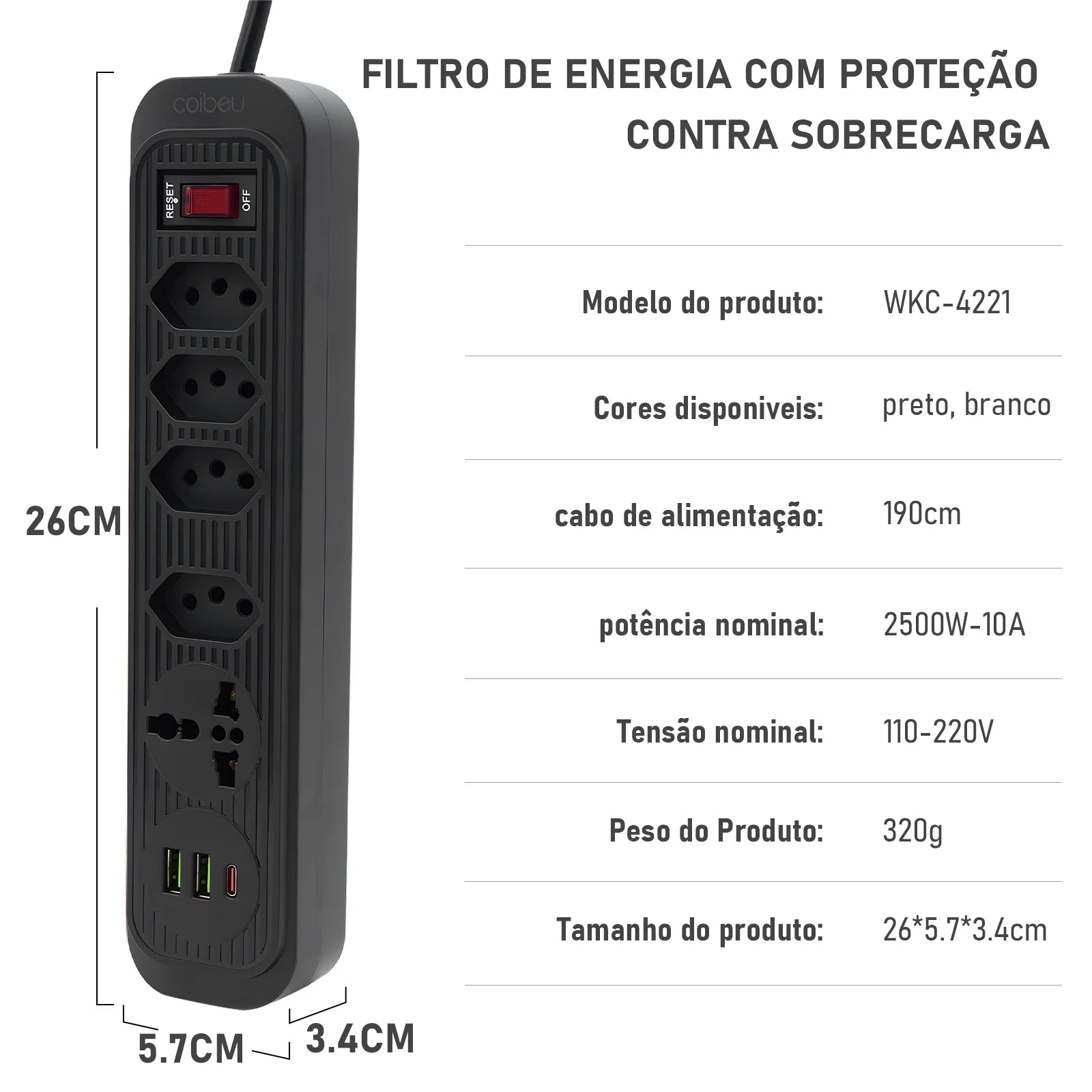 Extensão Tomada 4 Tomadas 3 USB Bivolt 2 Metros 2500W Segurança