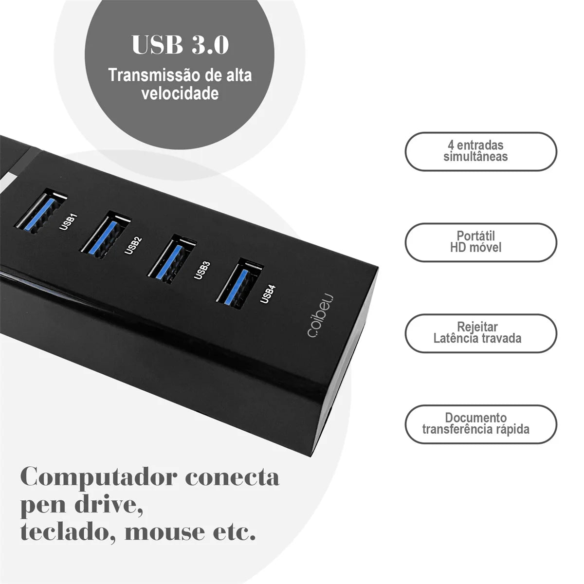 Hub USB 4 Portas 3.0 Velocidade Segurança Plug and Play