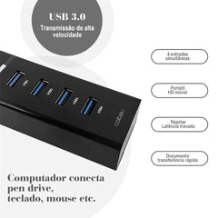 Hub USB 4 Portas 3.0 Velocidade Segurança Plug and Play