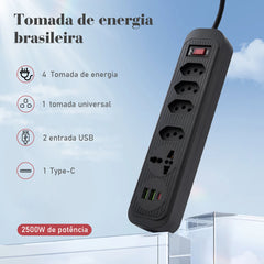 Extensão Tomada 4 Tomadas 3 USB Bivolt 2 Metros 2500W Segurança