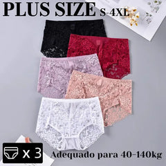 3 Peças / Conjunto de Calcinha de Renda Sexy Confortável Plus Size