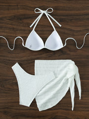 Conjunto Biquíni Branco Cintura Alta com Saia 3 Peças Sexy Tanga Bandage e Saída de Praia