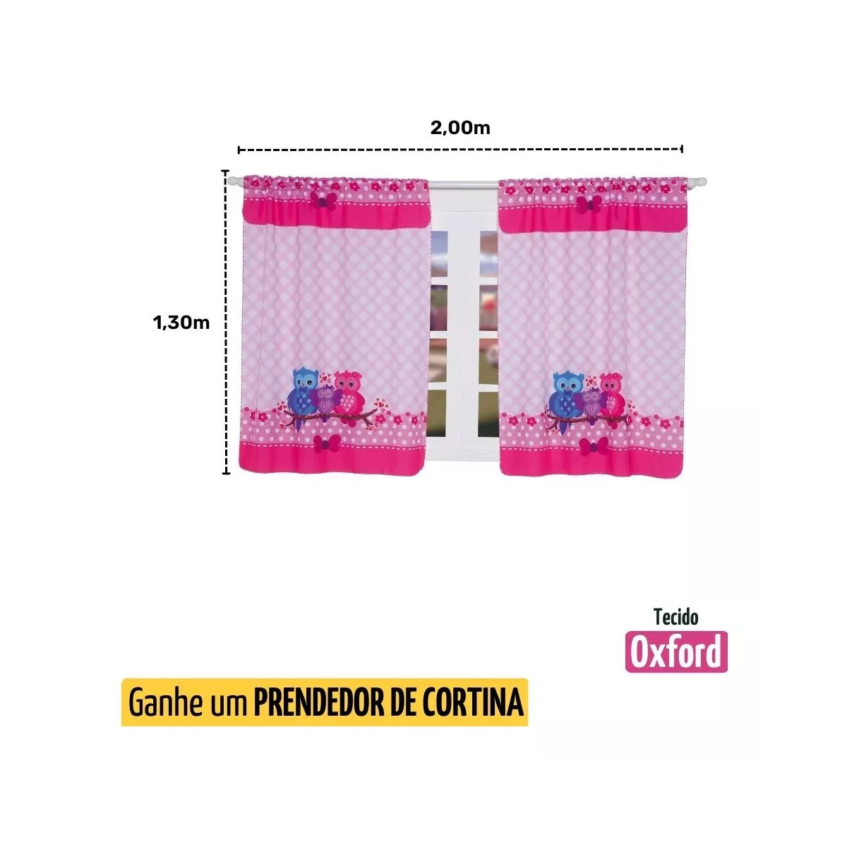 Cortina De Cozinha 1,3 X 2 M Protege E Decora Coruja Rosa