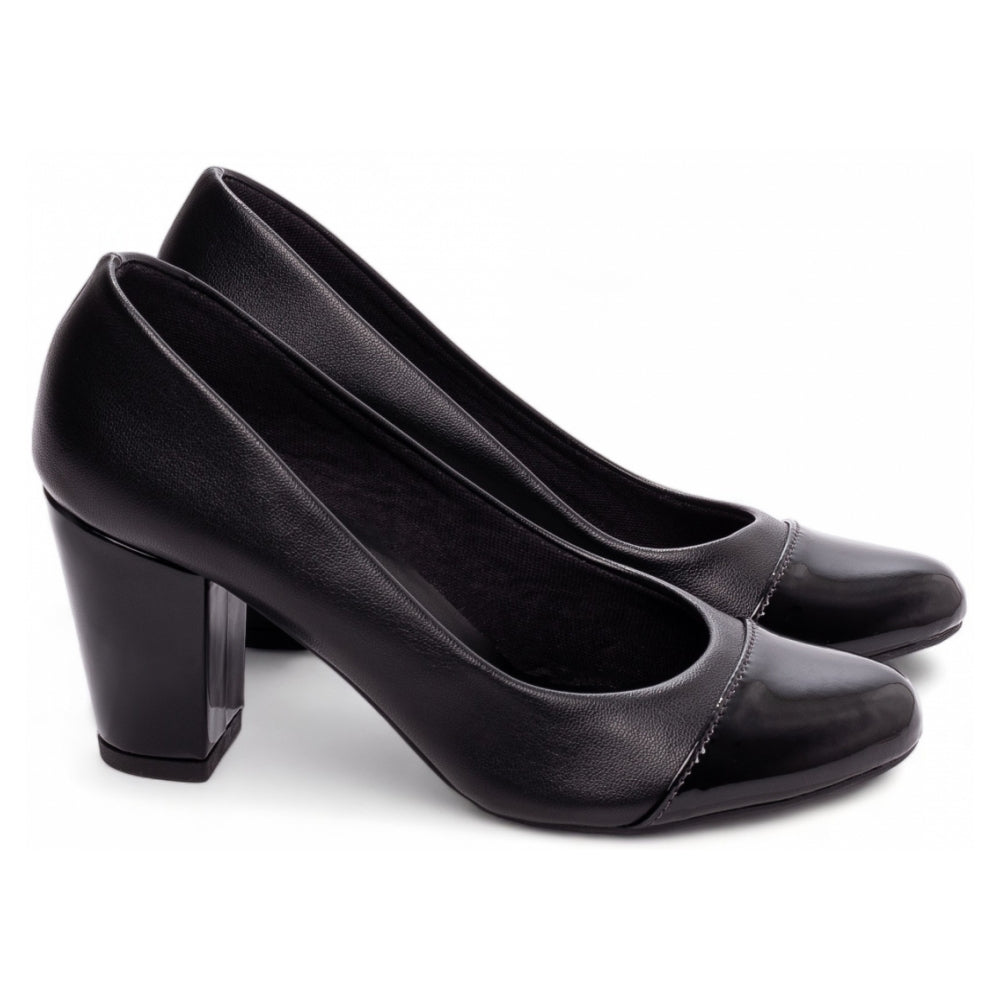 Scarpin Boneca Bico Redondo Napa Preto e Verniz Preto | Elegância e Sofisticação para Seus Pés