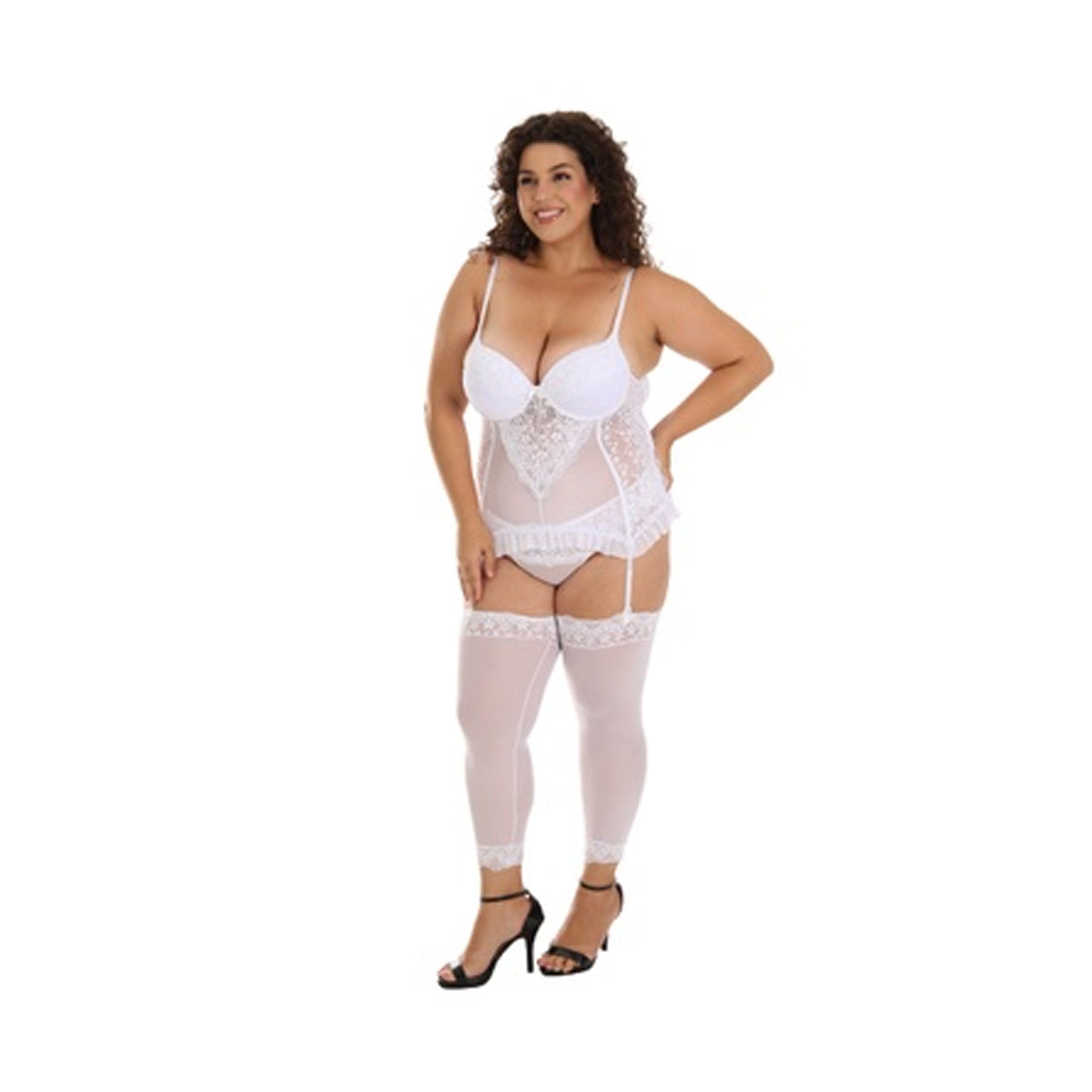 Espartilho Plus Size Sensual Corpete Meias  Cinta Liga Melani Branco