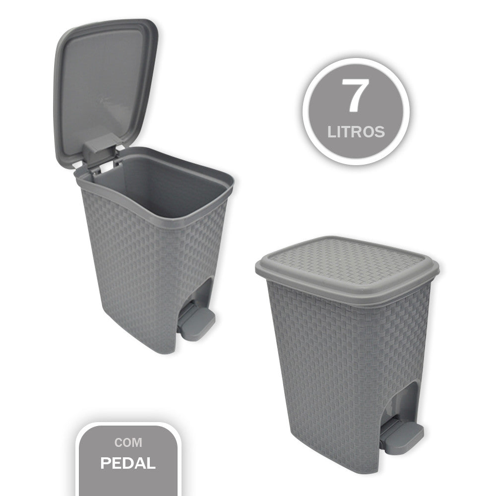 Lixeira com Pedal Trama Rattan cinza - Prática e Elegante