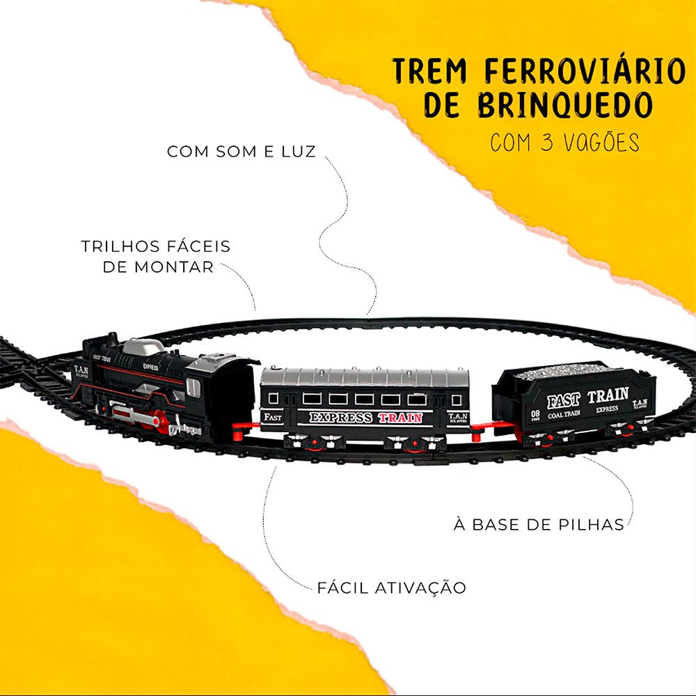 Trem Ferroviário de Brinquedo com 3 Vagões