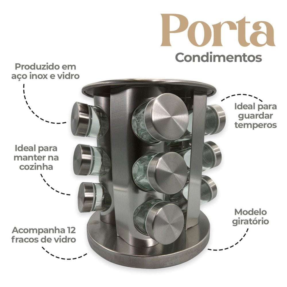 Porta Condimentos Giratório 12 Potes Aço Inox e Vidro