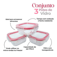 Conjunto 3 Potes Vidro Tampa Hermética 170ml Quadrado