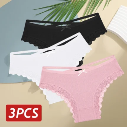 Kit com 3 calcinhas de algodão nas cores preta, branca e rosa